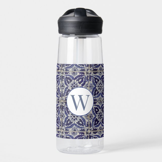 Italian Azulejo Blue White Geometric Monogrammed  Water Bottle (Front)