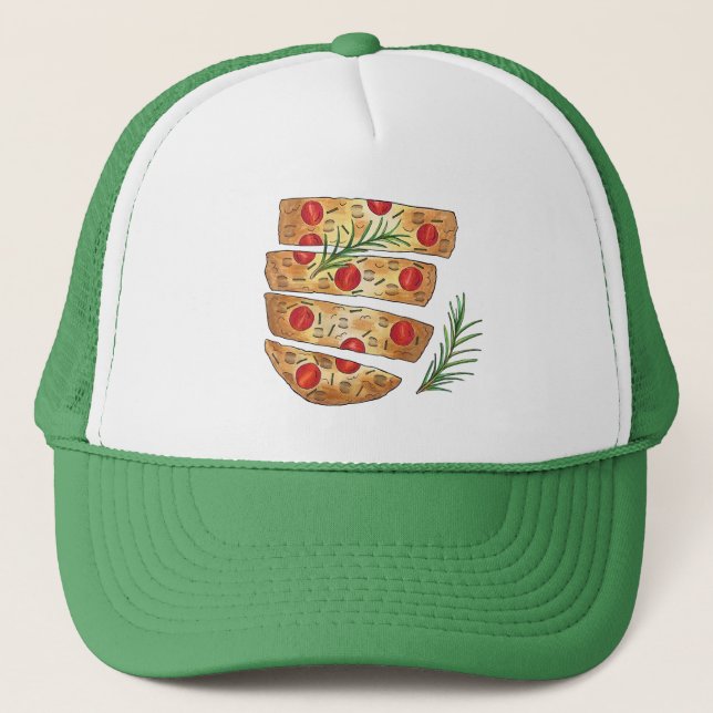 Italian Bakery Focaccia Olive Oil Bread Tomatoes Trucker Hat (Front)