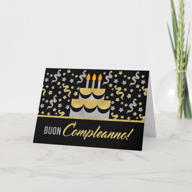 ITALIAN Birthday in Gold and Silver Faux Glitter Card (Front)