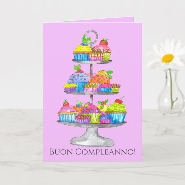 Italian Birthday Watercolor cupcakes  Card (Small Plant)