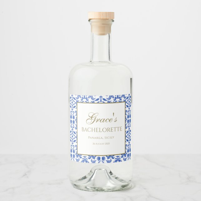 Italian Blue and White Bachelorette Liquor Label (Front)