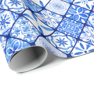 Italian Blue And White Tiles Pattern Wrapping Paper