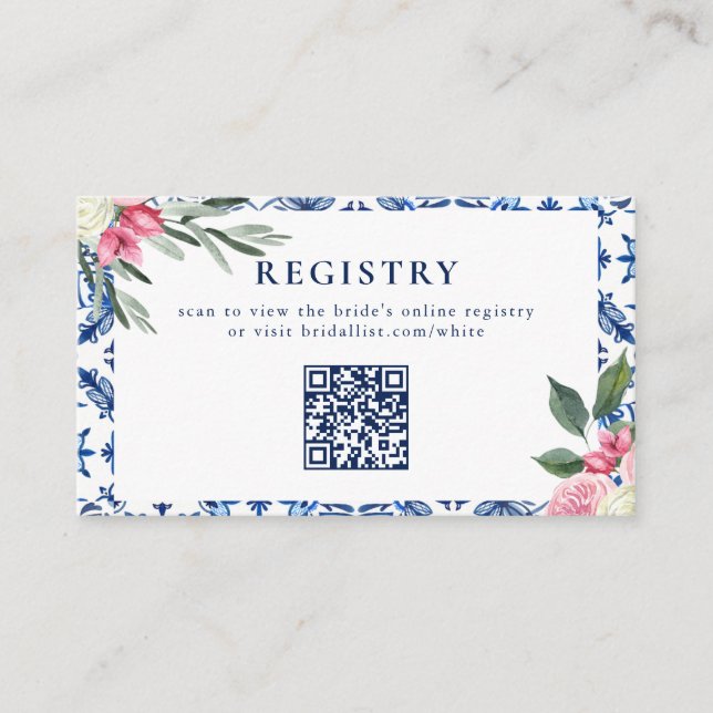 Italian Blue Floral Bridal Shower Enclosure Card (Front)