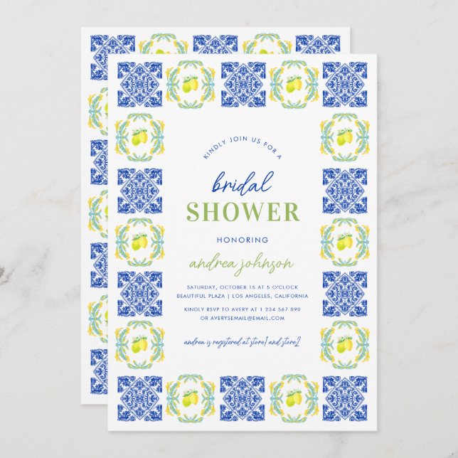 Italian Blue Lemon Tile Frame Bridal Shower Invitation (Front/Back)