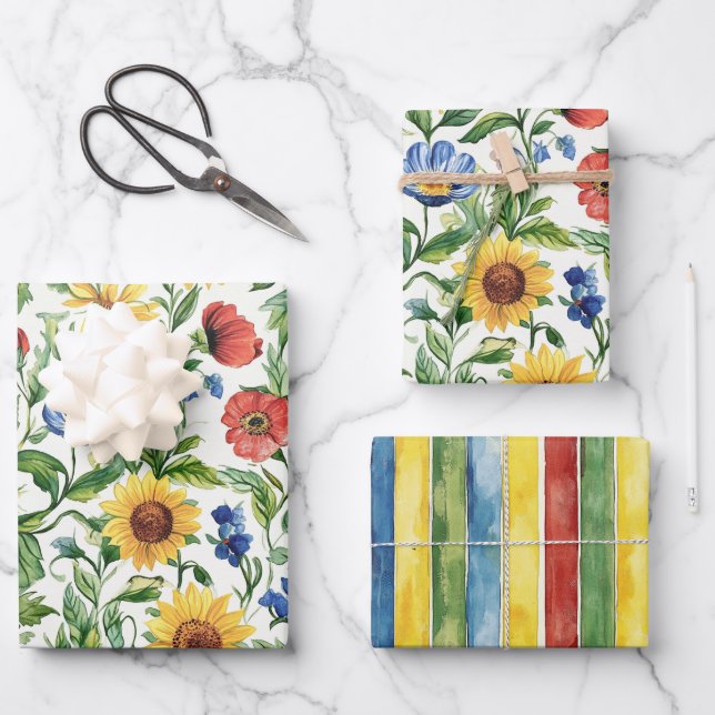 Italian Blue Red Yellow Floral Stripes Birthday Wrapping Paper Sheet (Front)