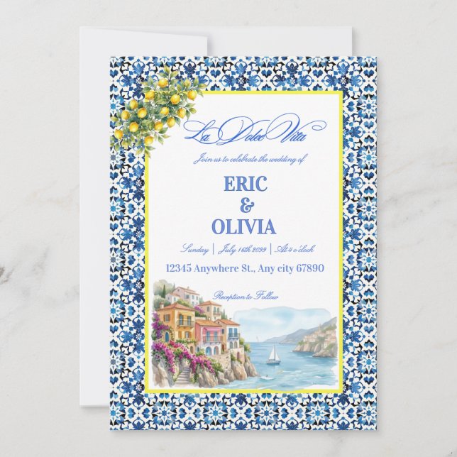 Italian Blue Tile Amalfi Coast Lemon Invitation (Front)