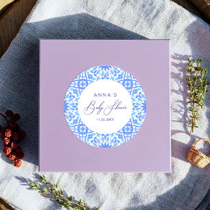 Italian Blue Tile Baby Shower Script Classic Round Sticker