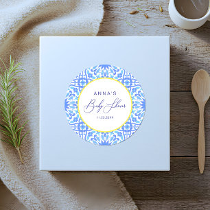 Italian Blue Tile Baby Shower Yellow Line Classic Round Sticker