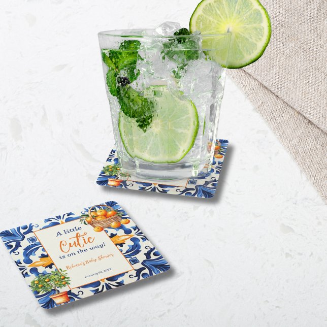 Italian Blue Tile Cutie Orange Citrus Baby Shower Square Paper Coaster (Creator Uploaded)