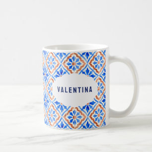 Italian Blue Tile Elegant Patterned Custom Name Coffee Mug