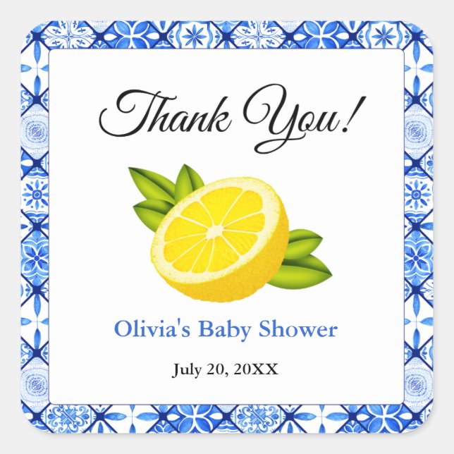 Italian Blue Tile Lemon Baby Shower Thank You  Square Sticker (Front)