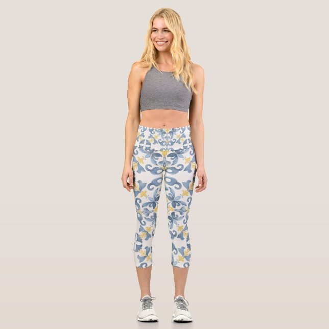 Italian Blue Tile Lemon Capri Leggings (Front)
