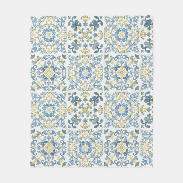 Italian Blue Tile Lemon Fleece Blanket (Front)