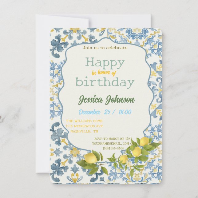 Italian Blue Tile Lemon Invitation (Front)