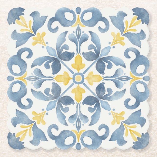 Italian Blue Tile Lemon Paper Coaster (Front)