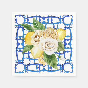 Italian blue tile lemon roses party villa napkin