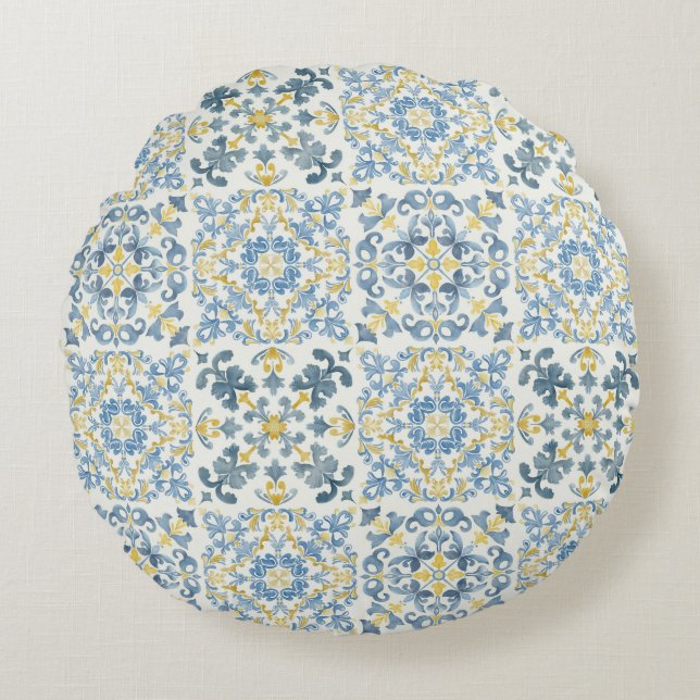 Italian Blue Tile Lemon Round Cushion (Front)