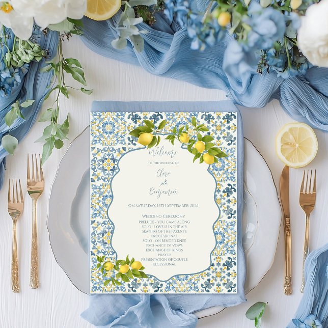 Italian Blue Tile Lemon Wedding Ceremony Program (Creator Uploaded)
