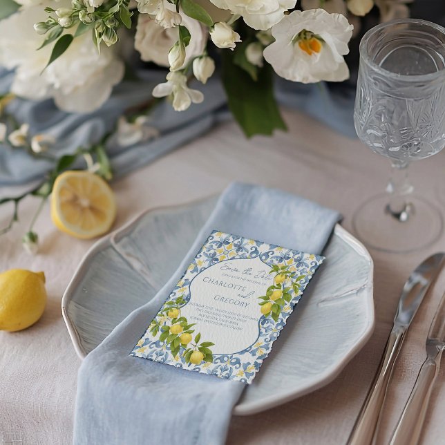 Italian Blue Tile Lemon Wedding Save the Date Announcement Postcard (Creator Uploaded)
