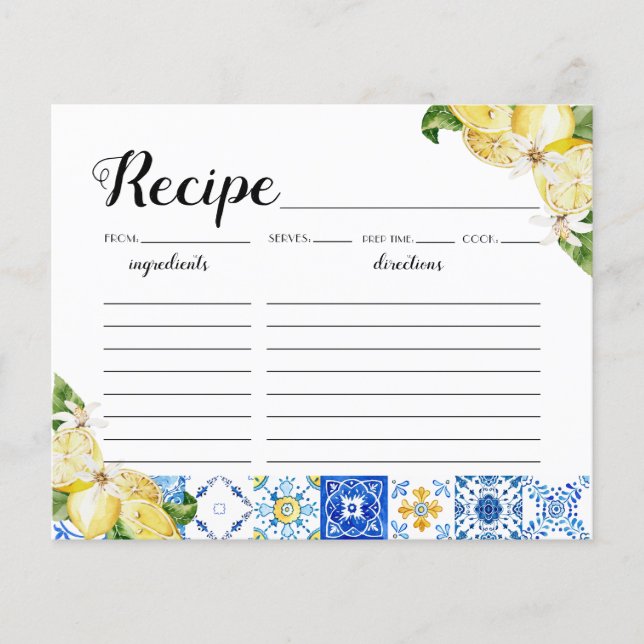 Italian Blue Tile Lemons Bridal Shower Recipe Card (Front)