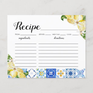 Italian Blue Tile Lemons Bridal Shower Recipe Card