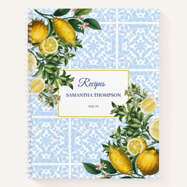 Italian Blue Tile & Lemons Bridal Shower Recipes  Notebook (Front)