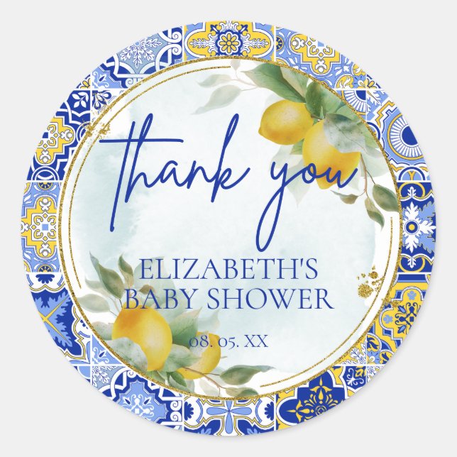 Italian Blue Tile Lemons Citrus Script Thank You  Classic Round Sticker (Front)