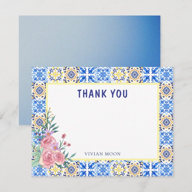 Italian Blue Tile Mamma Mia Blank  Thank You Card (Front/Back)