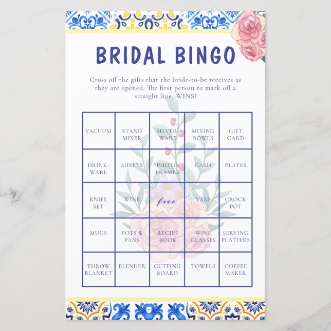 Italian Blue Tile Mamma Mia Bridal Shower Bingo (Front)