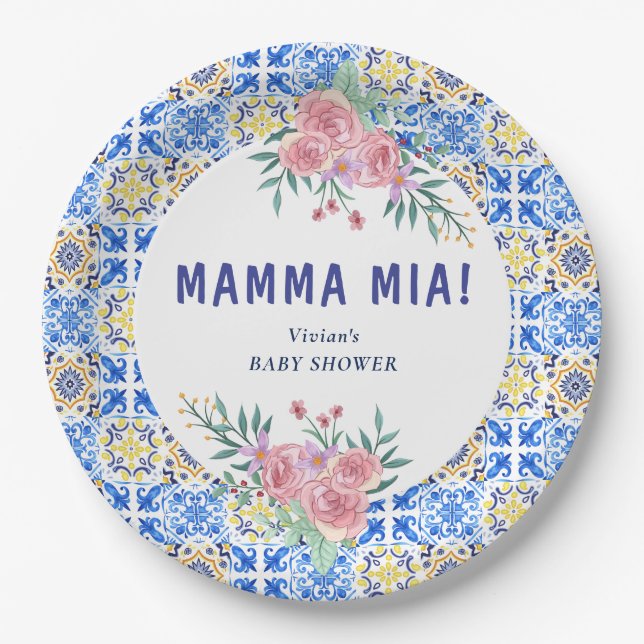Italian Blue Tile Mamma Mia Paper Plate (Front)