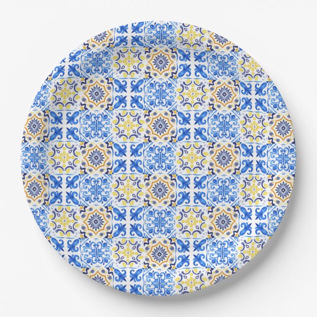 Italian Blue Tile Mamma Mia Paper Plate (Front)