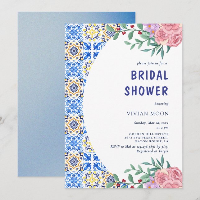 Italian Blue Tile Mediterranean Bridal Shower Invitation (Front/Back)
