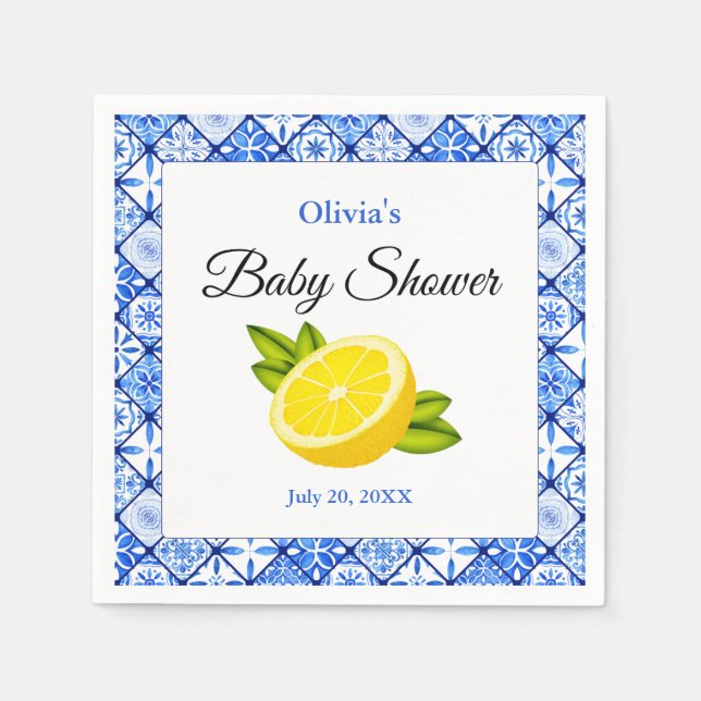 Italian Blue Tile Mediterranean Lemon Baby Shower  Napkin (Front)