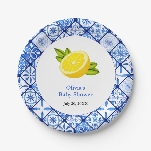 Italian Blue Tile Mediterranean Lemon Baby Shower Paper Plate (Front)