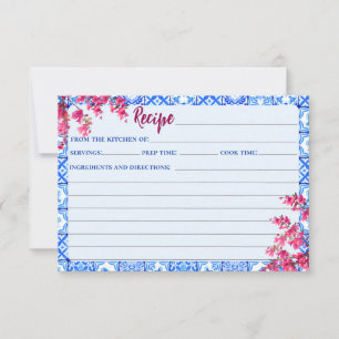 Italian Blue Tile Pink Flowers Bridal Recipe Card