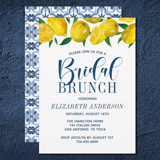  Italian Blue Tile Watercolor Lemon Bridal Brunch Invitation (Creator Uploaded)