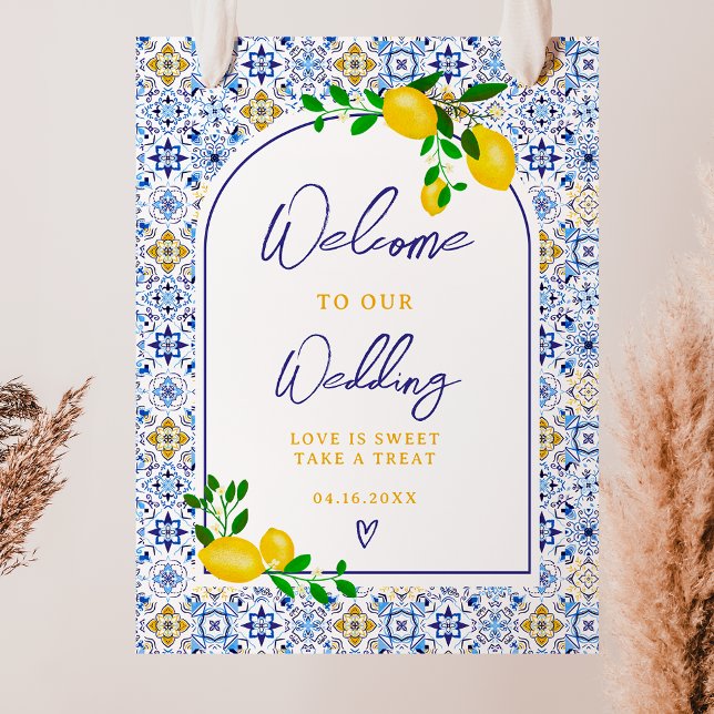 Italian blue tile watercolor lemon wedding welcome poster (Italian blue tile watercolor lemon wedding welcome poster)