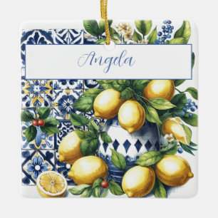 Italian blue tiles and lemons   your name ceramic ornament