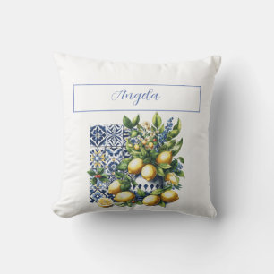 Italian blue tiles and lemons   your name cushion