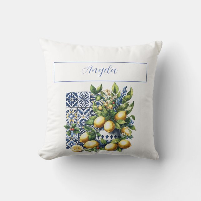 Italian blue tiles and lemons | your name cushion (Front)