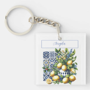 Italian blue tiles and lemons   your name key ring