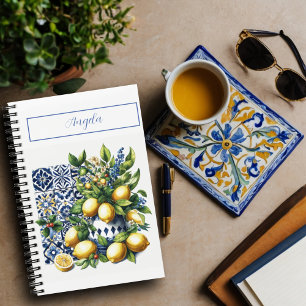 Italian blue tiles and lemons your name notebook