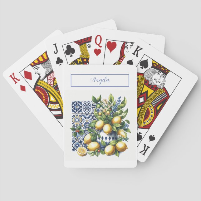 Italian blue tiles and lemons | your name playing cards (Back)