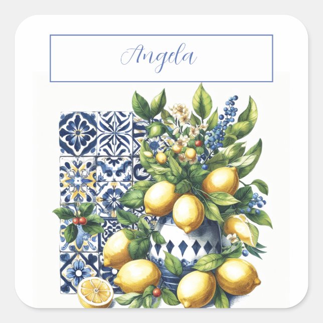 Italian blue tiles and lemons | your name square sticker (Front)