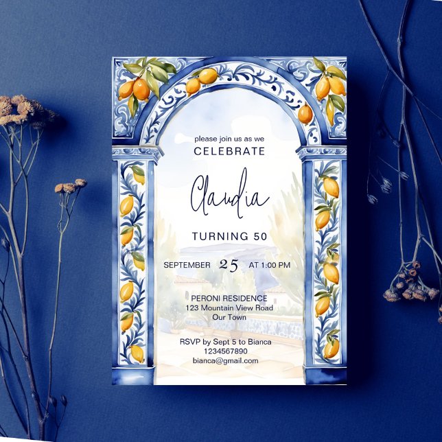 Italian Blue tiles arch lemons birthday party Invitation (Italian Blue tiles arch lemons birthday party editable template Invitation digital download)