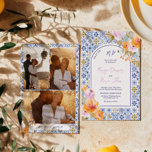 Italian blue tiles bold boho floral photo wedding invitation