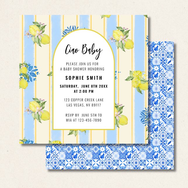 Italian Blue Tiles, Ciao Baby, Lemons square Invitation (Creator Uploaded)