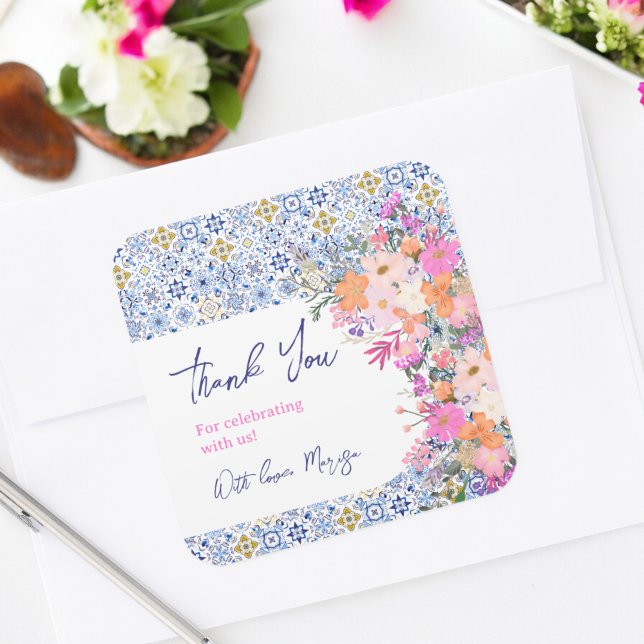 Italian blue tiles floral thank you baby shower square sticker (Italian blue tiles floral thank you baby shower square sticker)