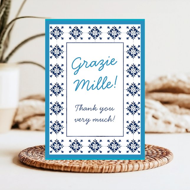 Italian Blue Tiles Grazie Mille Script Thank You Card (Creator Uploaded)