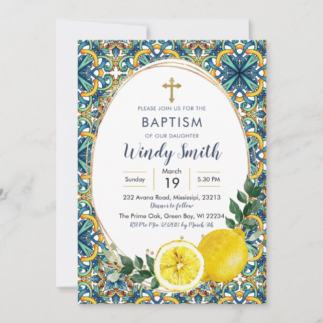 Italian Blue Tiles Lemon Baptism Invitation (Front)